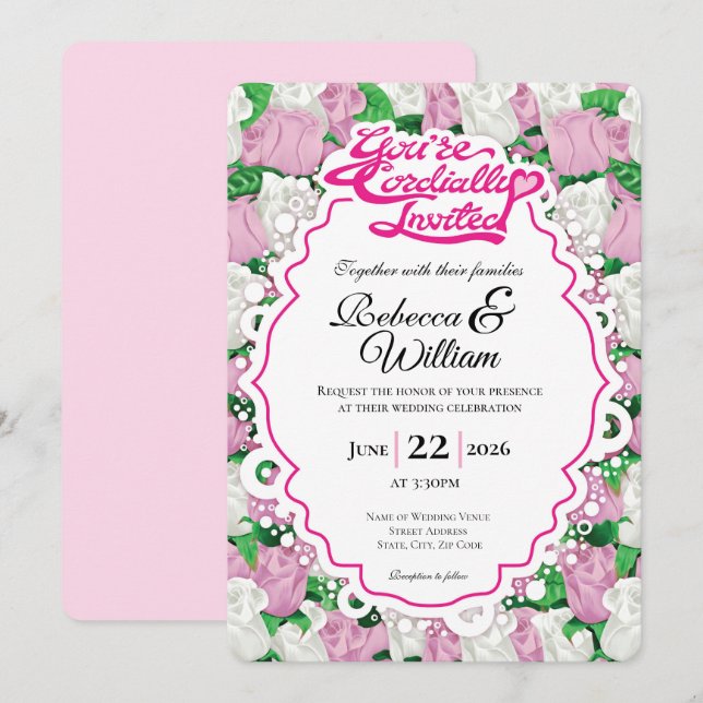 Pink & White Rose Wedding Invite - Pink Letters 2 (Front/Back)