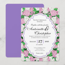 Pink & White Rose Wedding Invite - Purple Border