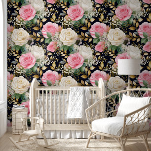 Pink White Roses Babies Breath Gold on Black Wallpaper