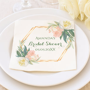 Pink White roses florals geometric Bridal Shower Napkin