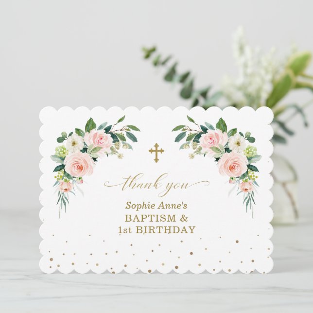 Pink White Roses Girl 1st Birthday Baptism   Thank You Card (Standing Front)