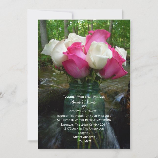 Pink & White Roses In Mason Jar on Waterfall Invitation (Front)