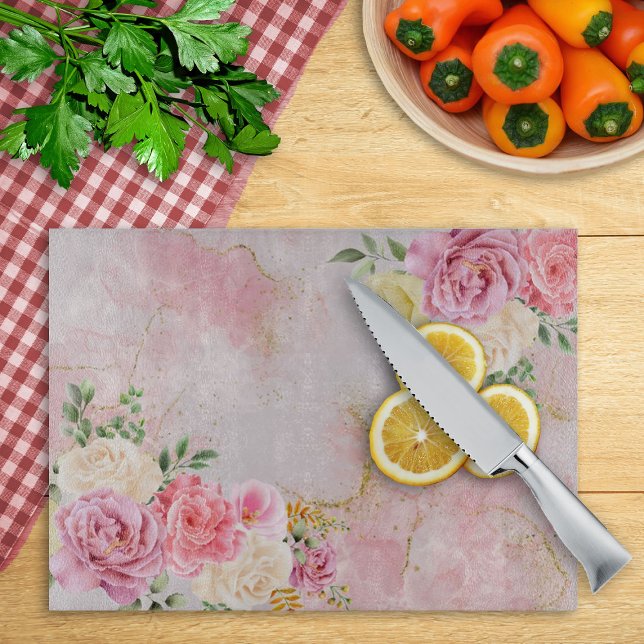 Pink White Roses on Marble Watercolor Cutting Board (Creator Uploaded)