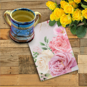 PInk White Roses on Marble Watercolor Shabbat Tea Towel
