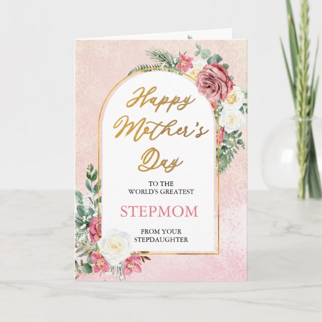 Pink White Roses Orchid Happy Mother's Day Stepmom Card (Front)