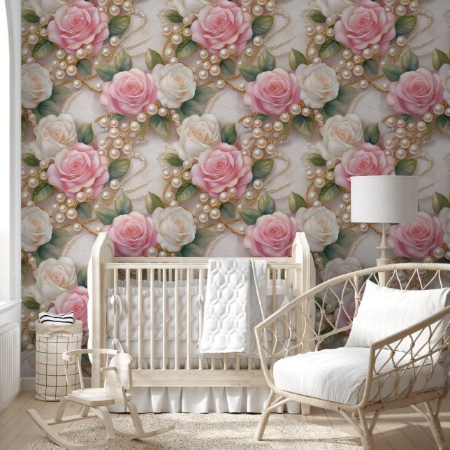 Pink White Roses Pearls Victorian Lace Wallpaper (Kids)