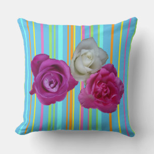 Pink White Roses Stripes Pattern Throw Pillow