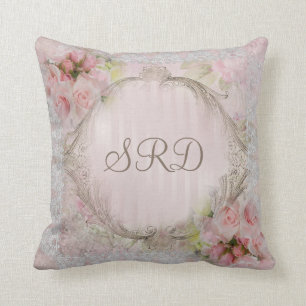 Pink & White Roses Victorian lace gold frame Cushion