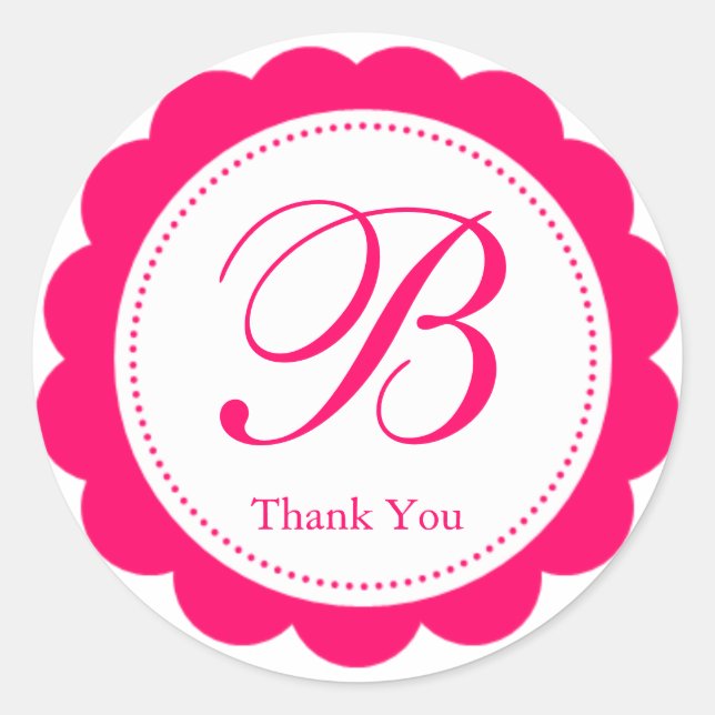 Pink White Scalloped Circle Monogram Thank You Classic Round Sticker (Front)