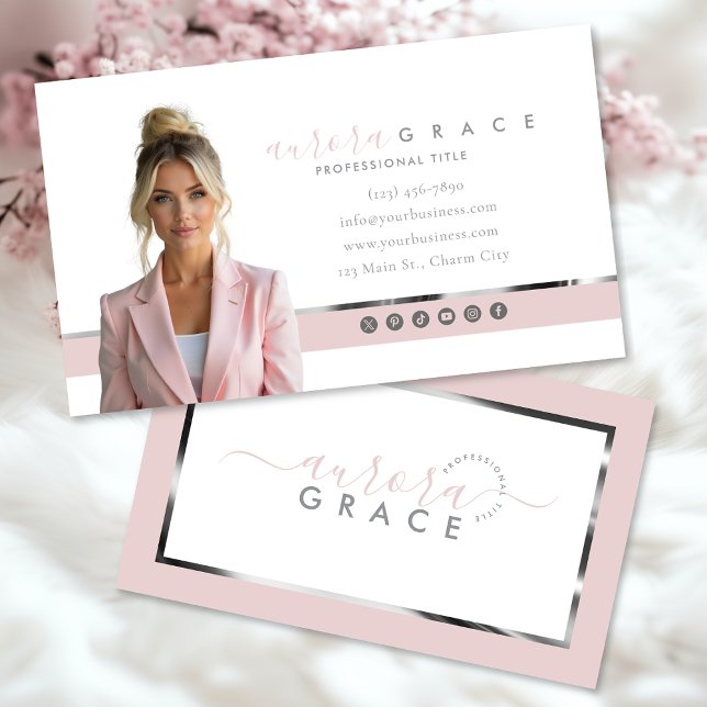 Pink & White Silver Chic Business Card (Creator Uploaded)