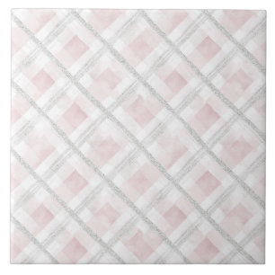 Pink White Silver Glitter Squares Ceramic Tile