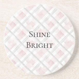 Pink White Silver Glitter Squares Coaster