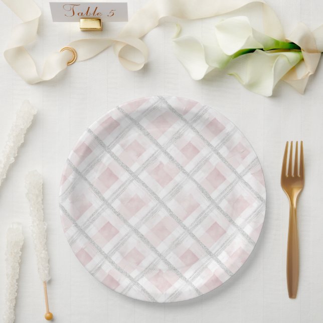Pink White Silver Glitter Squares Wedding Paper Plate (Wedding)