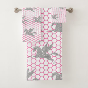 PINK WHITE SILVER UNICORN THEME BATHROOM TOWEL