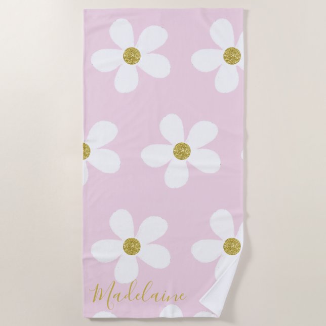 Pink White Simple Daisy Gold Personal Beach Towel (Front)