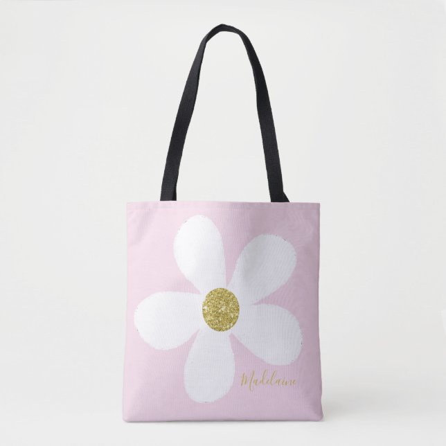 Pink White Simple Daisy Gold Personal Tote Bag (Front)