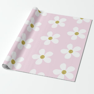 Pink White Simple Daisy Gold Wrapping Paper