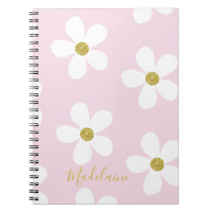 Pink White Simple Daisy Pattern Gold  School Notebook