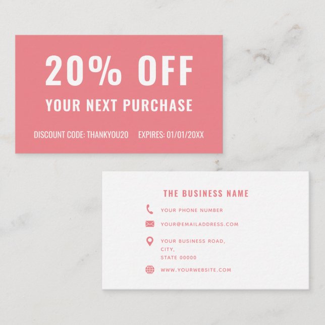 Pink White Simple Elegant Business Promo Loyalty Discount Card (Front/Back)