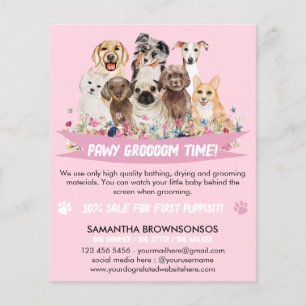 Pink White Simple Floral Illustrated Dog groomer Flyer