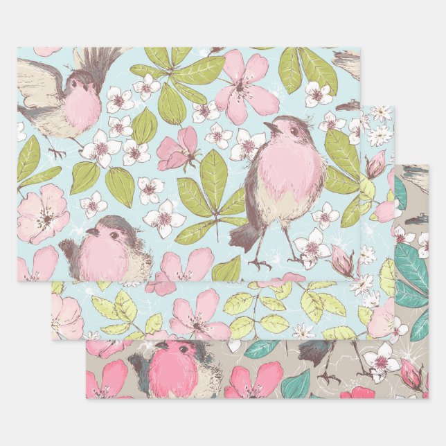Pink White Simple Flowers and Birds Greenery Wrapping Paper Sheet (Set)