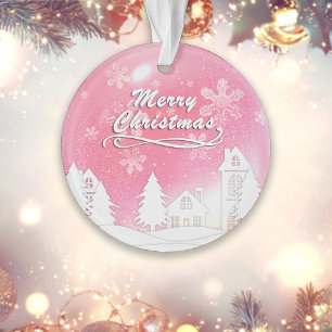 Pink White Snow House Christmas New Year Ornament
