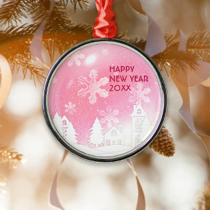 Pink White Snow House Happy New Year Metal Ornament