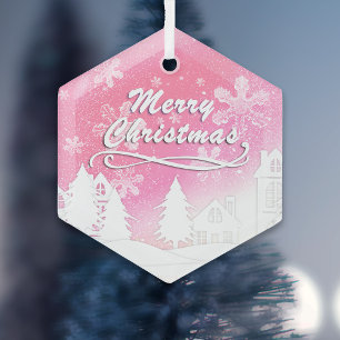 Pink White Snow House Merry Christmas Glass Tree Decoration