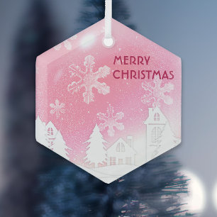 Pink White Snow House Merry Christmas Glass Tree Decoration