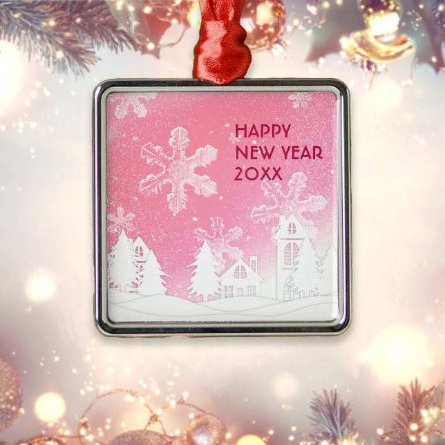 Pink White Snow House Merry Christmas  Metal Ornament (Creator Uploaded)