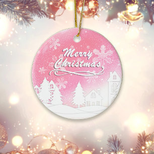 Pink White Snow House Merry Christmas New Year Ceramic Ornament