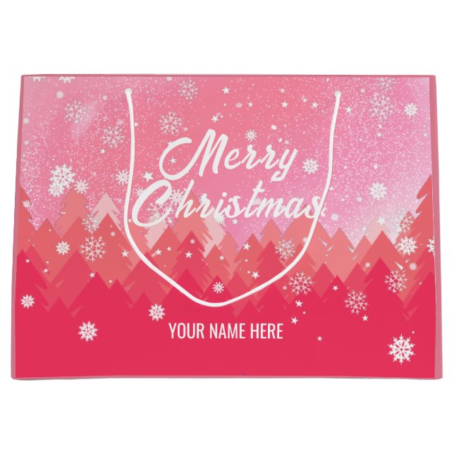 Pink White Snow Peaceful Forest Christmas New Year Large Gift Bag (Front)