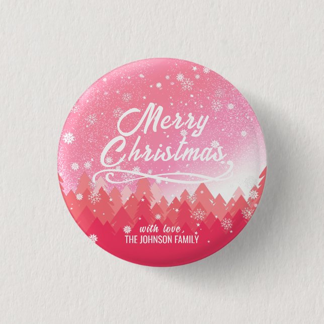 Pink White Snow Peaceful Forest Merry Christmas 3 Cm Round Badge (Front)
