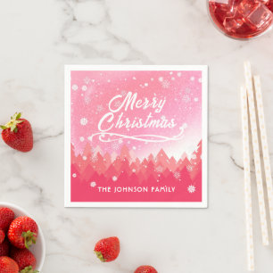 Pink White Snow Peaceful Forest Merry Christmas  Napkin