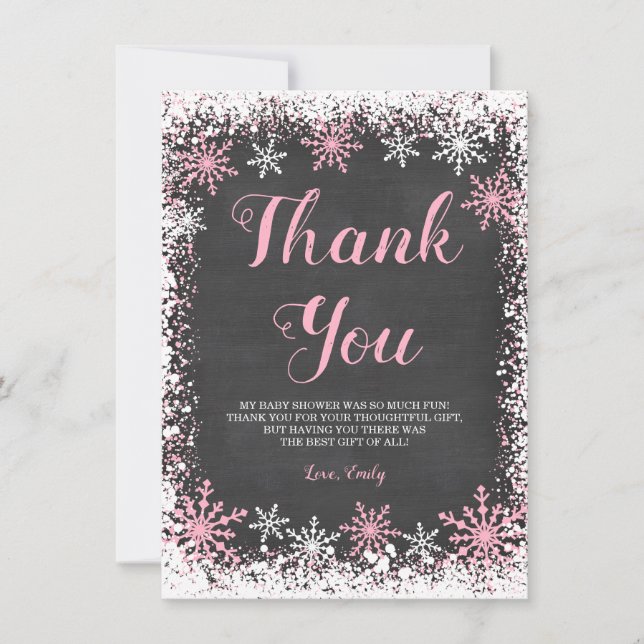 Pink White Snowflake Girl Baby Shower Thank You Card (Front)