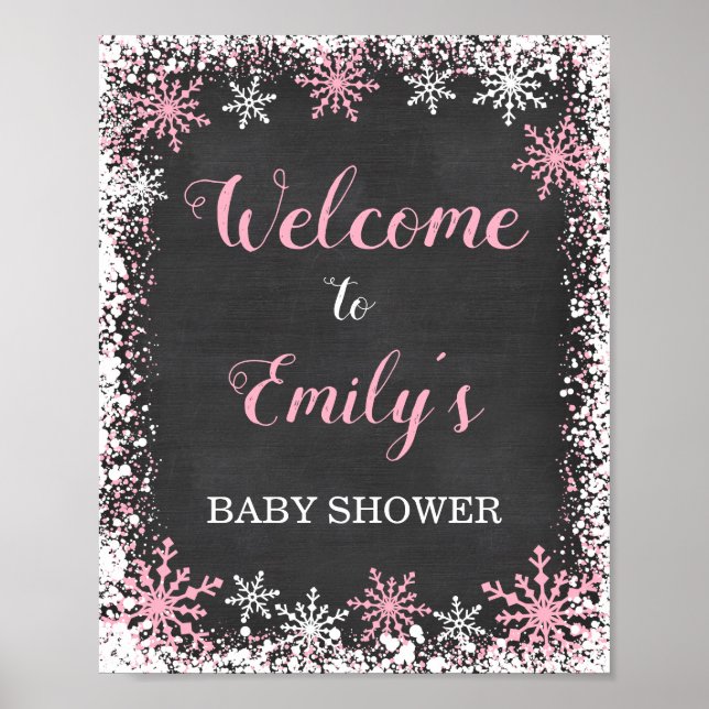 Pink White Snowflake Girl Baby Shower Welcome Sign (Front)