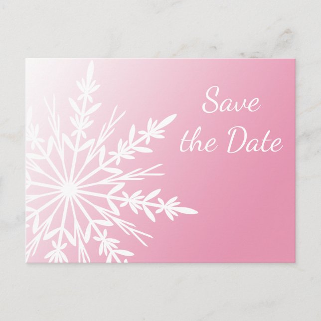 Pink White Snowflake Winter Wedding Save the Date Announcement Postcard (Front)