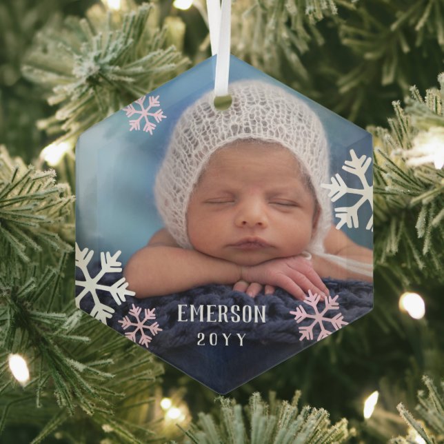 Pink White Snowflakes Baby Photo Add Name & Year Glass Tree Decoration (Insitu)