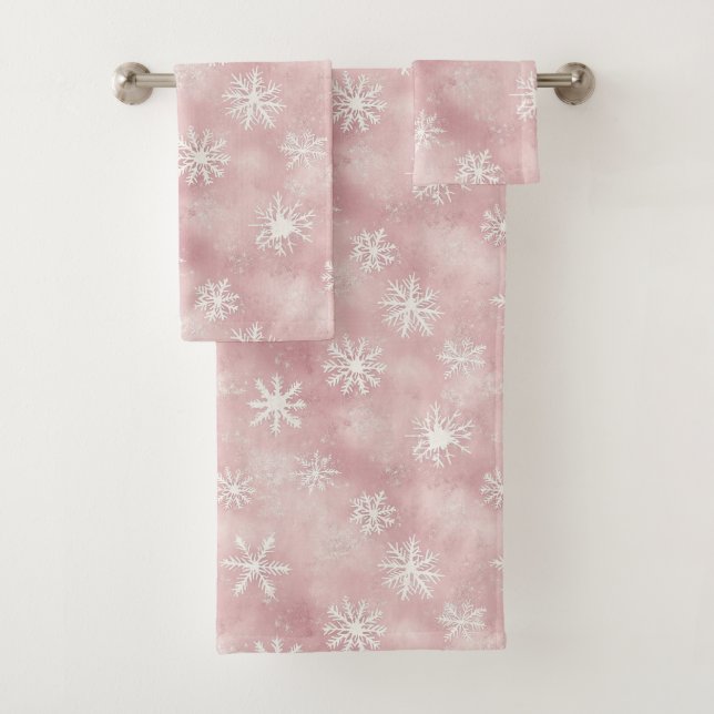 Pink White Snowflakes Christmas Bath Towel Set (Insitu)