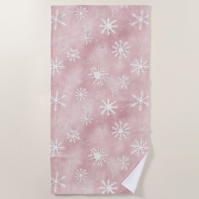 Pink White Snowflakes Christmas Beach Towel (Front)