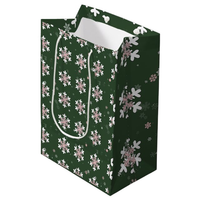 Pink White Snowflakes Green   Medium Gift Bag (Front Angled)