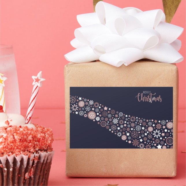 Pink white snowflakes in blue bakcground rectangular sticker (Party)