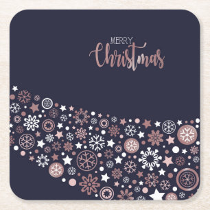 Pink white snowflakes in blue bakcground square paper coaster