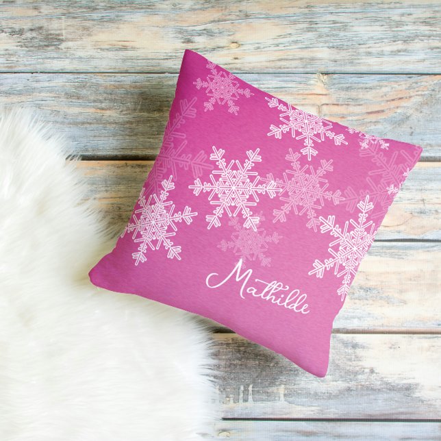 Pink White Snowflakes Minimalist Christmas Name Cushion (Creator Uploaded)