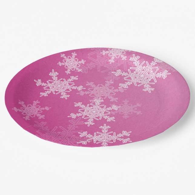 Pink White Snowflakes Minimalist Christmas Paper Plate (Angled)