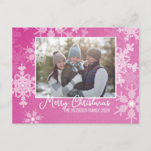 Pink White Snowflakes Minimalist Christmas Photo Holiday Postcard