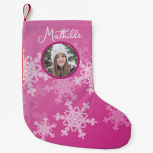 Pink White Snowflakes Minimalist Christmas Photo Small Christmas Stocking