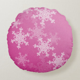 Pink White Snowflakes Minimalist Christmas Round Cushion