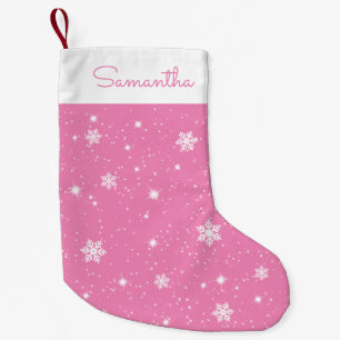 Pink White Snowflakes Stars Pattern with Name Small Christmas Stocking