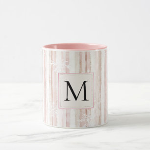 Pink White Snowflakes Stripes Monogram Mug